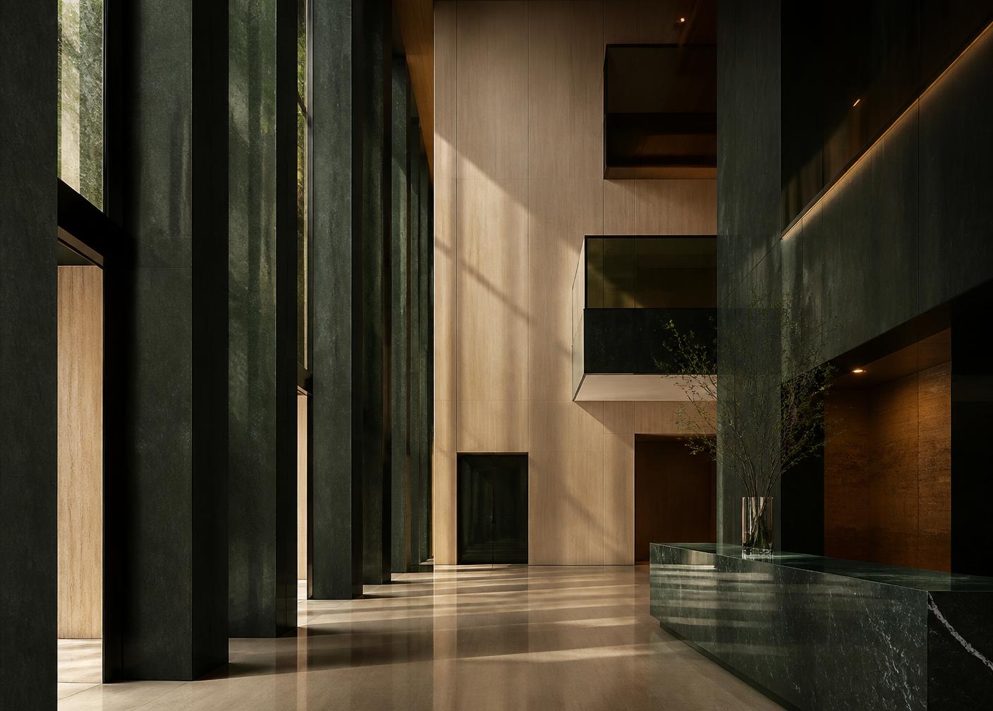 Interior of a contemporary professional services building with stone columns